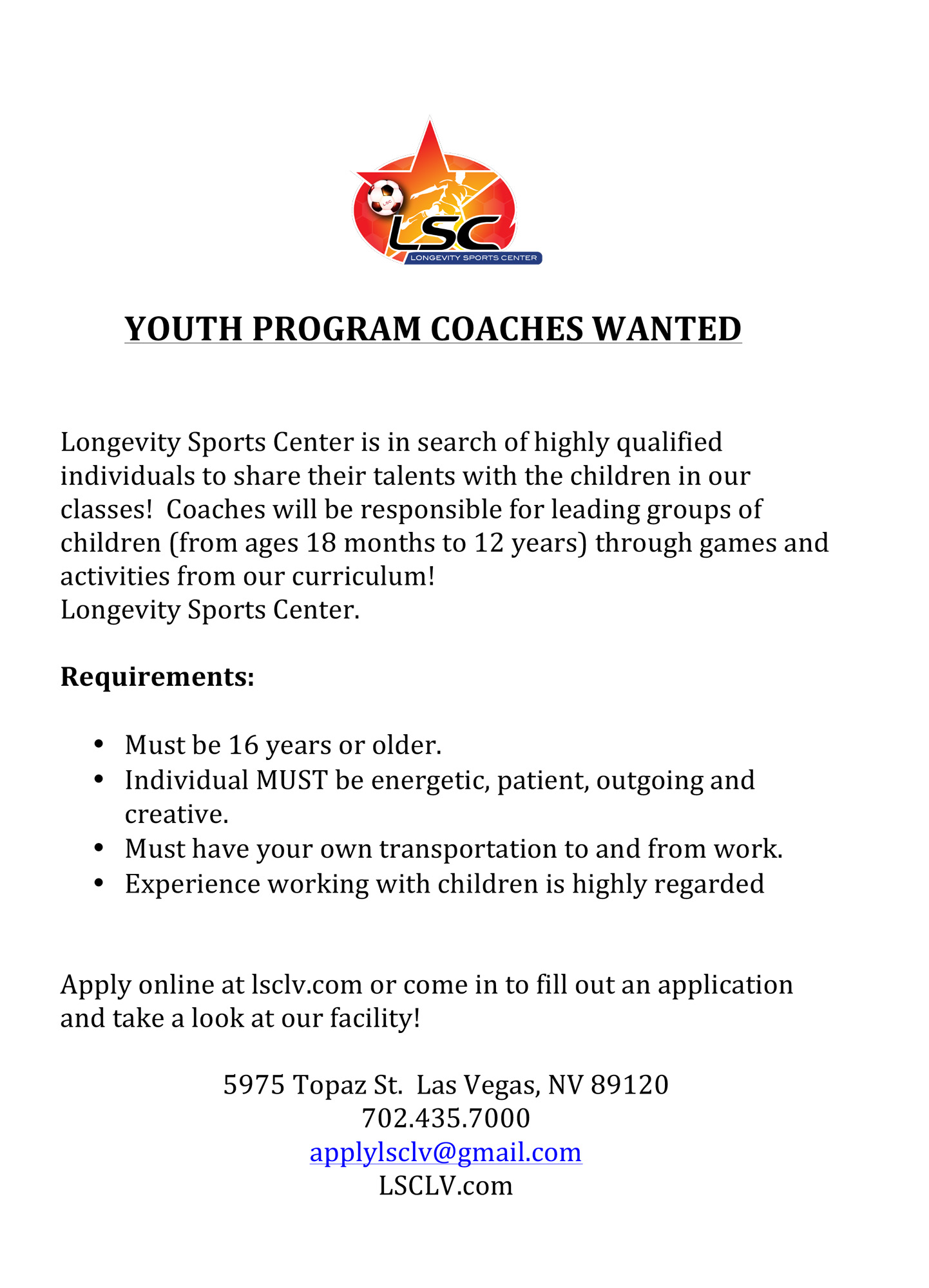 LSC HIRING YOUTH PROGRAM COACHES Longevity Sports Center Indoor Soccer